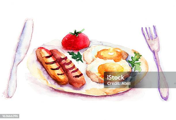 Fried Eggs With Sausages Stock Illustration - Download Image Now - Breakfast, Watercolor Painting, Dining