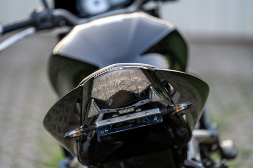 A Kawasaki Z1000 motorcycle, close up selective focus. Budapest. Hungary. August. 2. 2023.