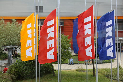 Budapest, Hungary - July 13, 2015: Colorful Flags of Swedish Ikea Furniture Home Shop in Capital City.