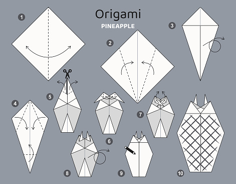 Pineapple origami scheme tutorial moving model. Origami for kids. Step by step how to make a cute origami fruit. Vector illustration.