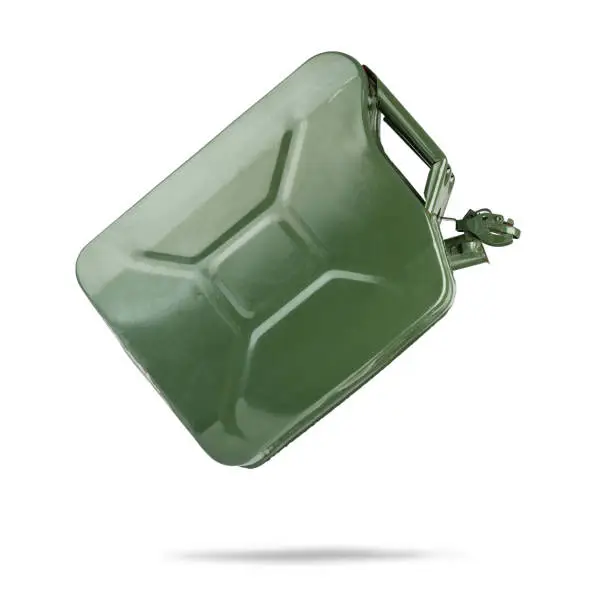 Open tilted fuel old green metal canister, side view, isolated on a white background. File contains a path to isolation