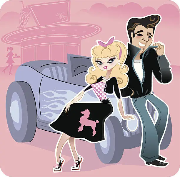 Vector illustration of 1950's Drive-In with Girl in Poodle Skirt, Greaser and Hotrod