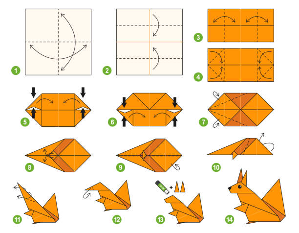 Squirrel origami scheme tutorial moving model. Origami for kids. Squirrel origami scheme tutorial moving model. Origami for kids. Step by step how to make a cute origami wild animal. Vector illustration. origami instructions stock illustrations
