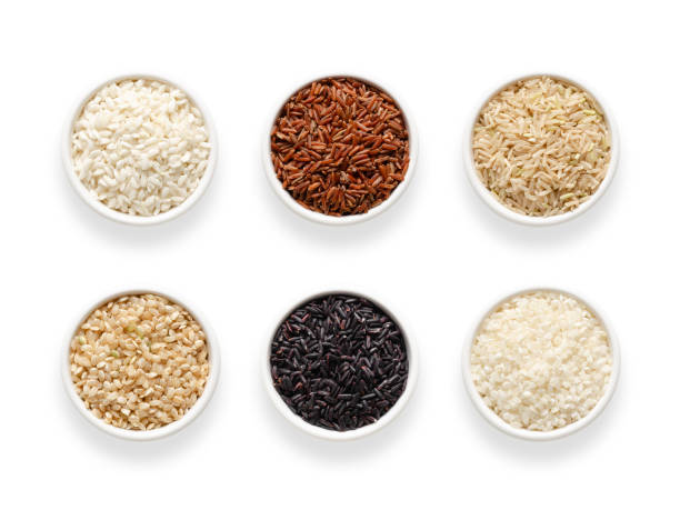 Types of rice in white bowls