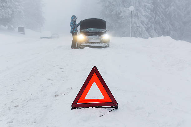 istock Woman loking at her broken car in snow blizzard...warning triangle 163674154