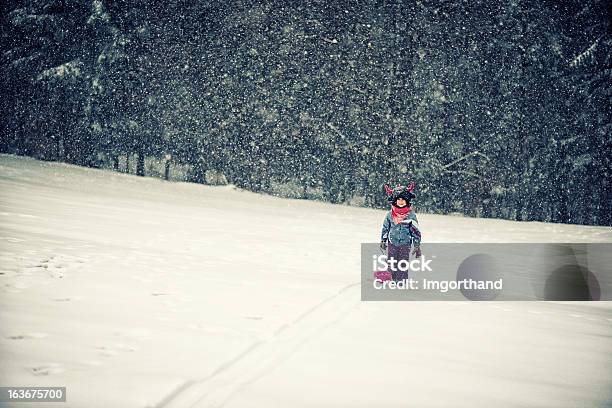 Mała Dziewczynka Ciągnąc W Śniegu Z Sanki - zdjęcia stockowe i więcej obrazów Otwarta przestrzeń - Ustawienia - Otwarta przestrzeń - Ustawienia, Jedna osoba, Las