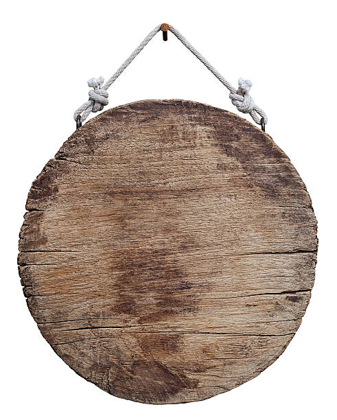 istock Old weathered round wood signboard. 163676322