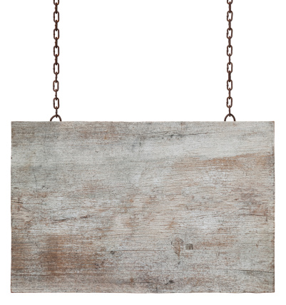 Old weathered wood signboard, hanging by chains, composite image, isolated on white, clipping path included.