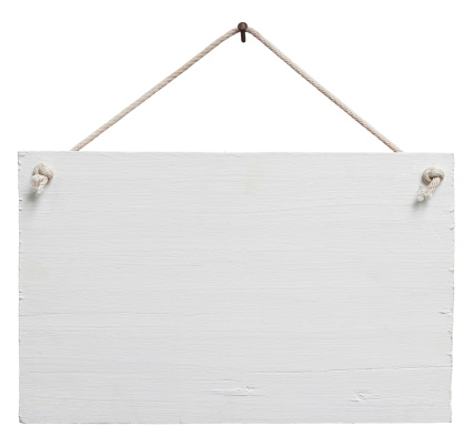 Old weathered white painted wood signboard, hanging by old rope from a nail, composite image, isolated on white, clipping path included.