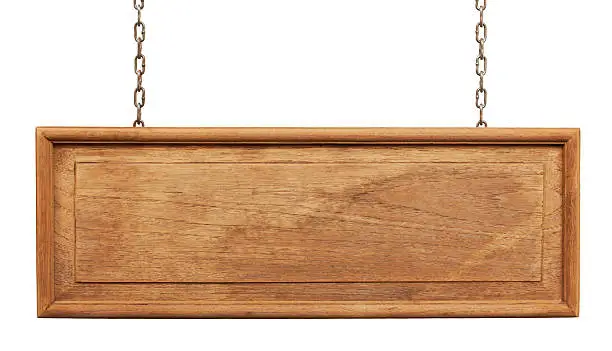Old framed weathered wood signboard hanging by chains, isolated on white,clipping path included.