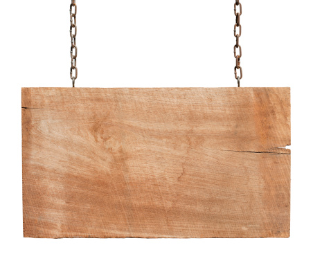 Old piece of weathered wood signboard hanging by chains, isolated on white,clipping path included.