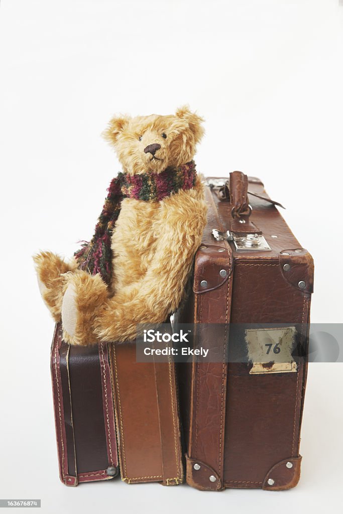 Vintage skórzane walizki z siedzi Pluszowy miś. - Zbiór zdjęć royalty-free (Walizka)