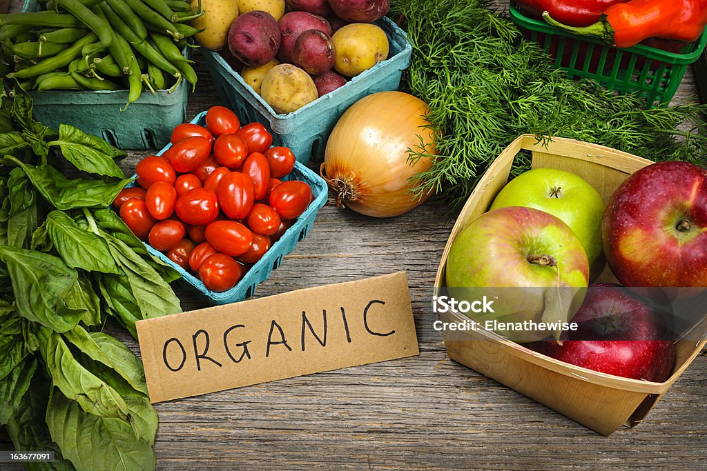 Organic market fruits and vegetables Fresh organic farmers market fruit and vegetable on display Organic Stock Photo