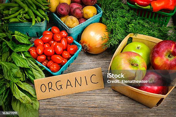 Organic Market Fruits And Vegetables Stock Photo - Download Image Now - Organic, Sign, Food