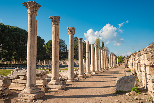 Columns of the Tetragonos Agora. The commercial market square in Ephesus Ancient City. Selcuk, Izmir, Turkey.