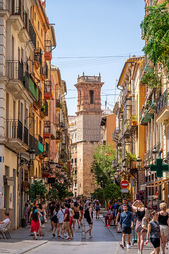 Valencia, Spain - July 25, 2023: Beautiful architecture and charming streets in Valencia's old town.