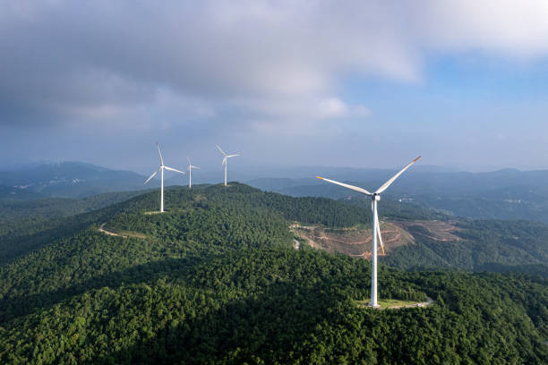 istock Wind turbines in the forest on mountain peak 1636791402