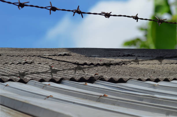 house with barbed wire asbestos roof with a stretch of barbed wire. old house against the background of a clear sky deter stock pictures, royalty-free photos & images