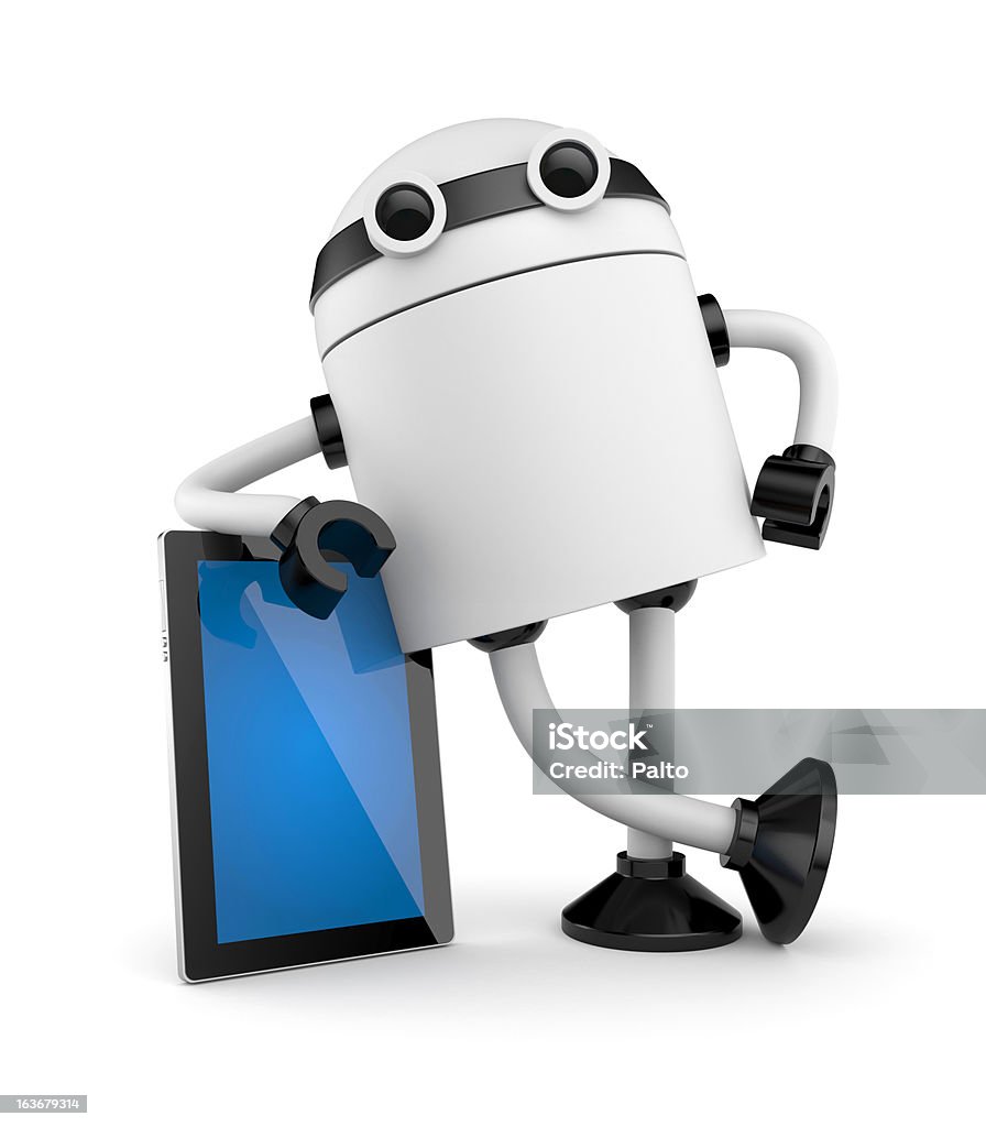 Robot leaning on PAD Electronics and technologies metaphor. Isolated on white Advice Stock Photo