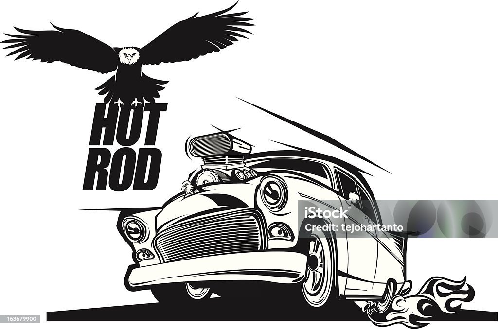 Hot rod coche clásico con flying eagle blanco y negro - arte vectorial de Coche libre de derechos