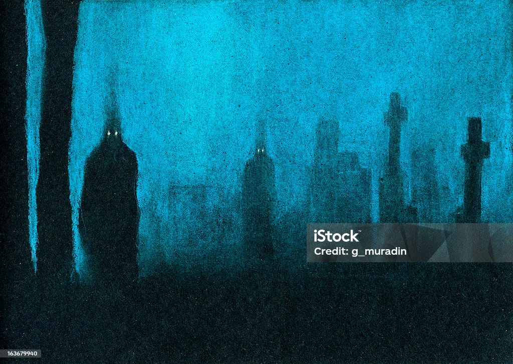 Ghosts Mysterious silhouettes. Color pastels on black textured paper. Cemetery stock illustration