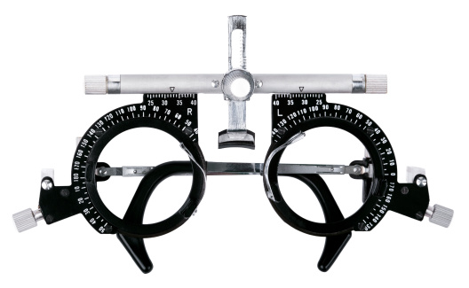 Spectacles used for eyesight tests isolated on white background. Clipping path included.