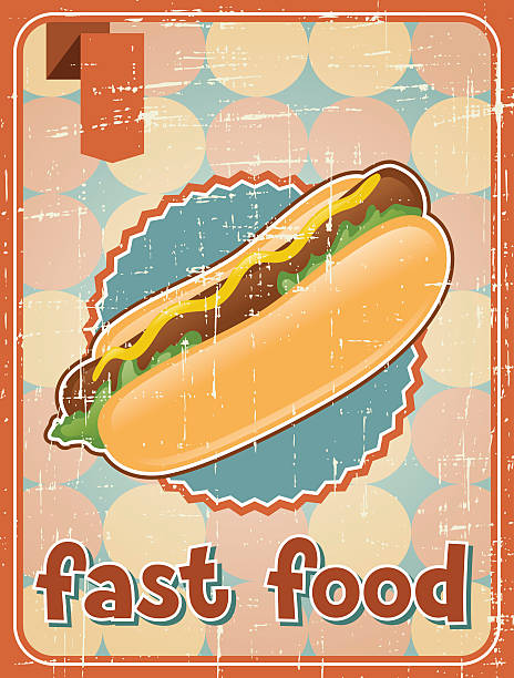 illustrazioni stock, clip art, cartoni animati e icone di tendenza di fast food sfondo con hot dog in stile retrò. - weenies
