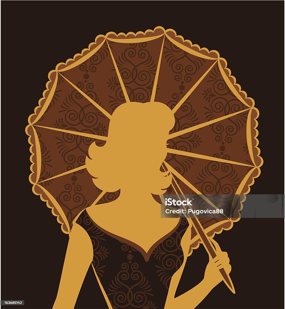 Vintage Silueta de chica con sombrilla. Vector - arte vectorial de Mujeres libre de derechos