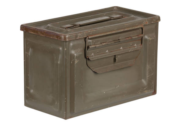 istock US army green metal .50 cal ammo can on white background. 1636851854