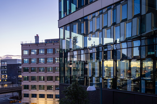 Stockholm, Sweden A modern office complex at dawn