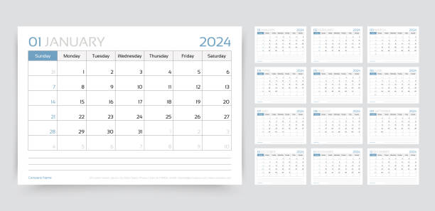 2024 year calendar. Planner template. Vector illustration. Monthly diary layout. Calendar 2024 year. Calender template. Week starts Sunday. Desk planner. Yearly stationery organizer. Schedule layout with 12 month. Horizontal monthly diary grid in English. Vector illustration may 24 calendar stock illustrations