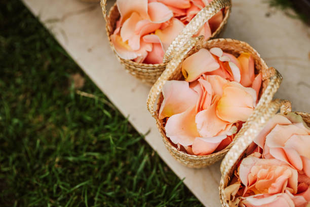Rose petals confetti for a wedding ceremony close up photo.