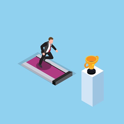 Businessman running on the treadmill trying to achieve success trophy - hopeless effort isometric 3d vector concept for banner, website, illustration, landing page, etc