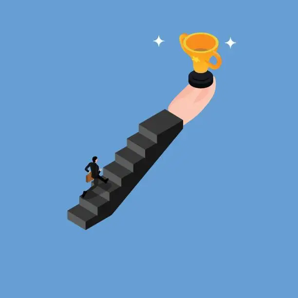 Vector illustration of a businessman going up the stairs with a hand holding a trophy