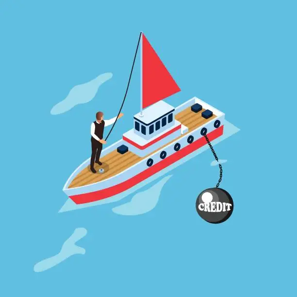 Vector illustration of Financial dependence on credit, the ship is sinking