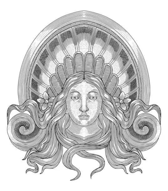 Vector illustration of renaissance woman with long wave hair and shell frame, Vintage engraving drawing style vector illustration