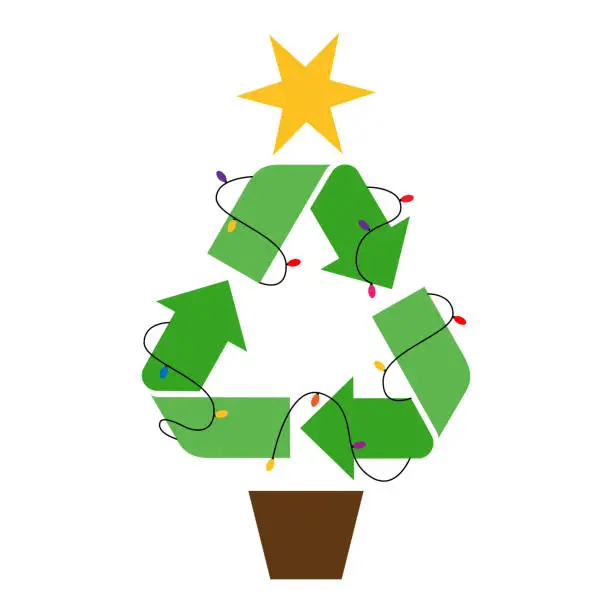 Vector illustration of Christmas recycle pine tree.Have a Green Christmas.Recycle christmas three icon.Eco-friendly Christmas.Chrismas three with recycle symbols.Recycling icon.