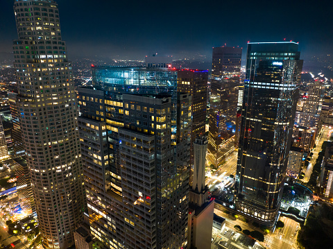 Aerial shot of skyscrapers in Downtown Los Angeles. This shot is part of a sequence of images taken from this angle at different times of night and day.