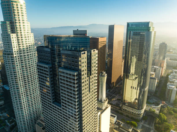Aerial shot of skyscrapers in Downtown Los Angeles. This shot is part of a sequence of images taken from this angle at different times of night and day.