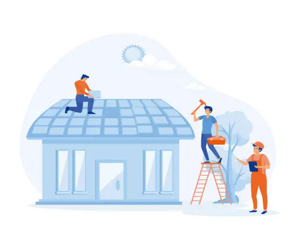 Vector illustration of house improvement concept. Workers repairing roof. Constructor group, roofers, foreman, flat vector modern illustration