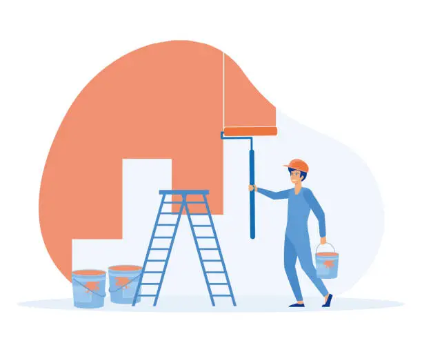 Vector illustration of Home renovation and repairing concept. worker standing backwards painting wall in new apartment. flat vector modern illustration