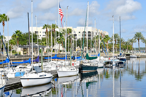 Sailboats docked at marina near downtown Sanford, Florida on Lake Monroe.