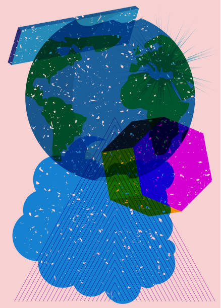 ilustrações, clipart, desenhos animados e ícones de planeta terra e bolha de fala com formas geométricas coloridas. objeto no design de gráfico riso da moda. elementos de geometria estilo de textura de impressão risográfica abstrata. - world economic forum