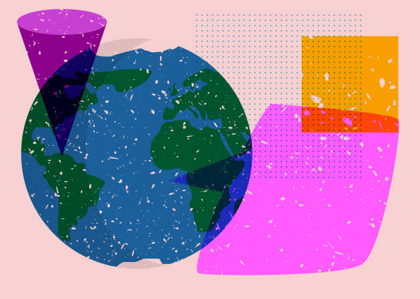 istock Planet Earth and speech bubble with colorful geometric shapes. Object in trendy riso graph design. Geometry elements abstract risograph print texture style. 1637051763