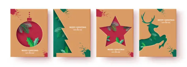 Vector illustration of Christmas brown tags vector poster set design. Merry christmas and happy new year greeting text