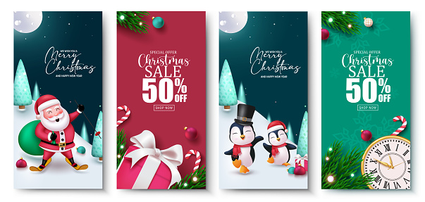 Christmas sale vector poster set design. Merry christmas and happy new year greeting text with xmas characters for holiday season background. Vector illustration xmas postcard collection.