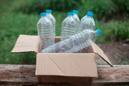 Plastic bottle garbage for recycling concept reuse. Cardboard box with used plastic bottles outdoors. Plastic bottle in paper box on nature background. Recycle concept