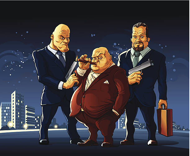 Mafia Three men of a mafia clan arrived at the meeting for a exchange secret suitcase. mafia boss stock illustrations