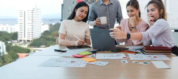 istock Brainstorm planing creative asian teamwork, Group of asia mobile phone app developer team meeting for share idea about screen prototype layout for smartphone, ui, ux startup small business 1637161739