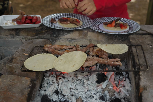 Grilled meat and tortillas on an improvised rustic grill.